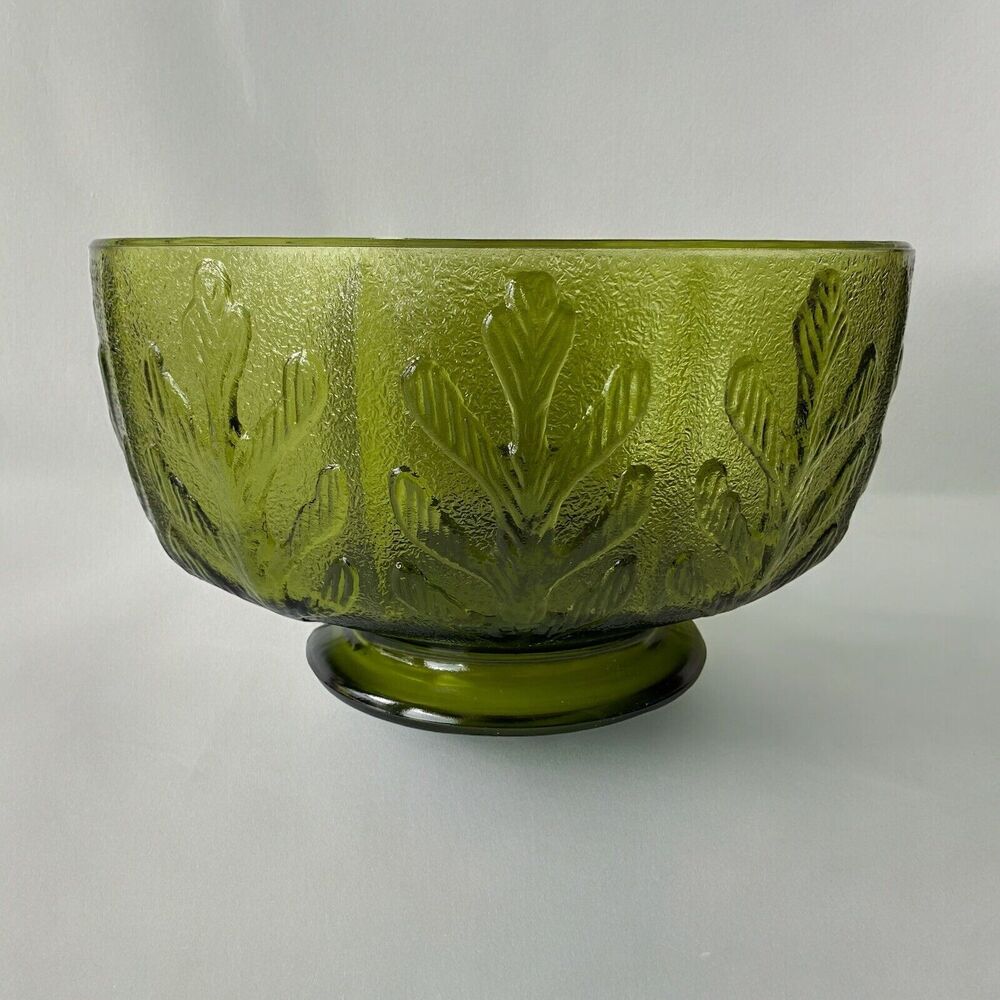 Vtg 1975 FTD Green Glass Oak Leaf Footed Candy Dish Bowl Compote Planter